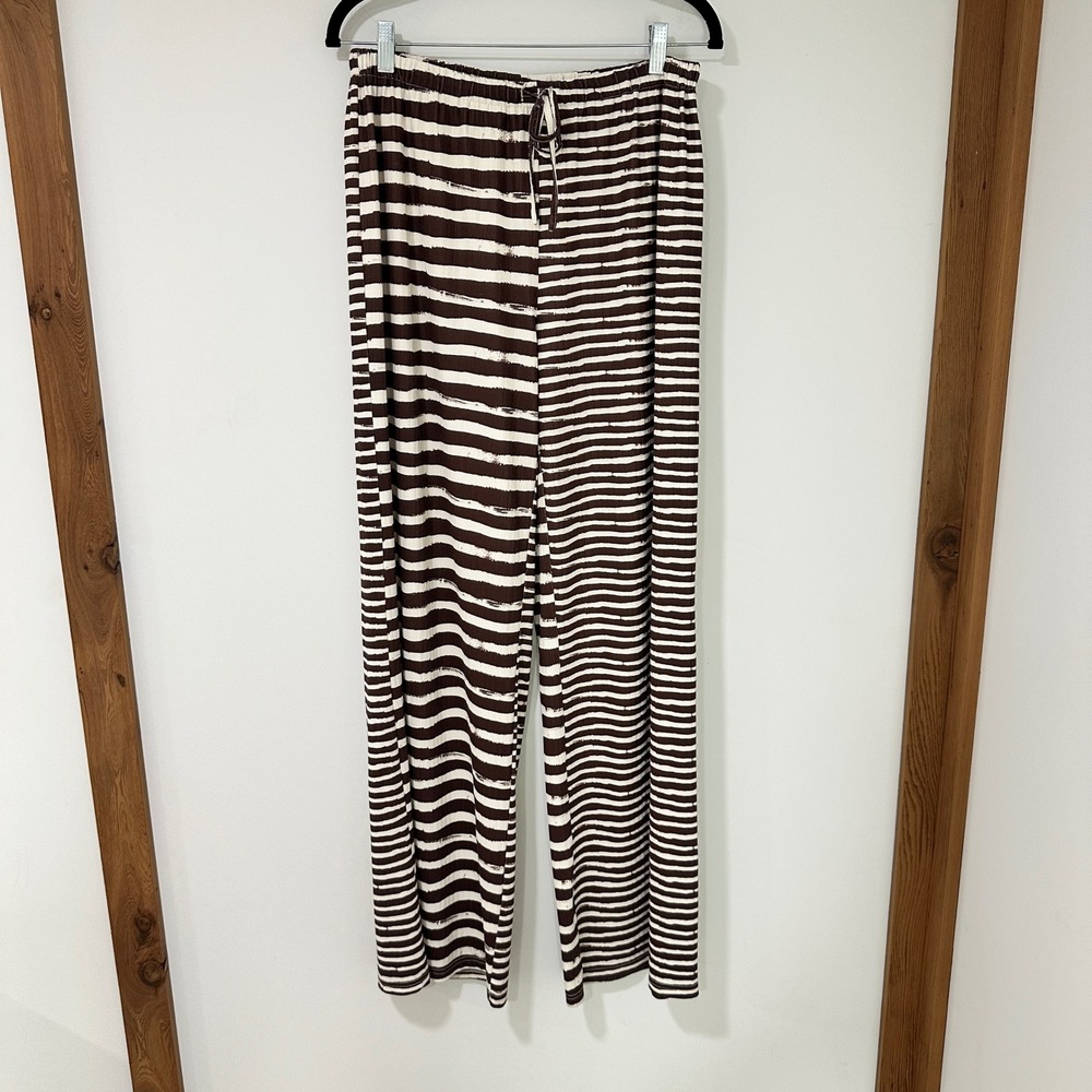 Brown & White Striped Wide Leg Drawstring Pants